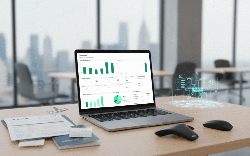Business travel expense automation workspace showing Expense Hub dashboard on laptop screen with expense trends, mileage tracking, and financial analytics for corporate travel cost management