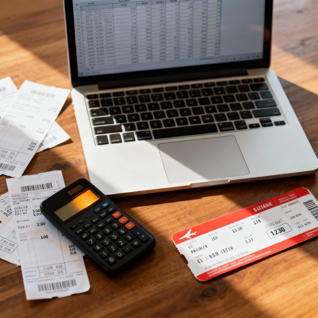 Workspace setup showing a laptop, travel receipts, calculator, and airplane ticket, illustrating business travel expense management using Expense Hub (Expensehub.io).