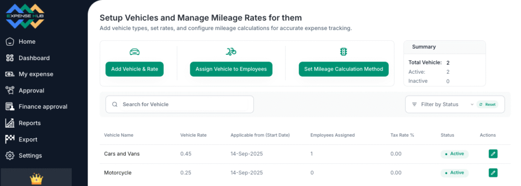 Mileage setup screen for UK HMRC Setup in Expense Hub