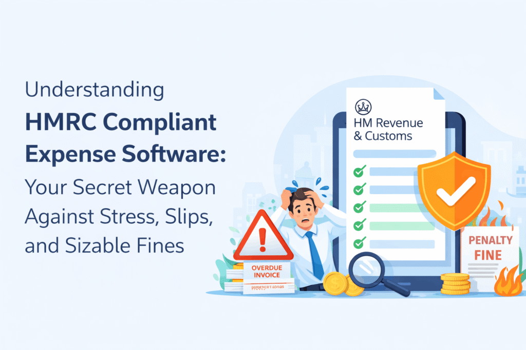 HMRC compliant expense software Expense Hub, illustration showing stressed business owner, compliance checklist, penalty warning, and shield protection against fines.
