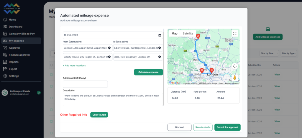 Mileage Expense form for Expense hub.